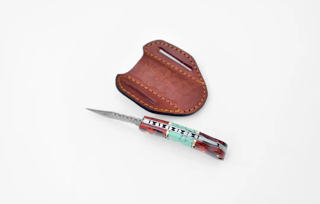 Double Bar S Damascus Steel Pocket Knife | Leather Sheath