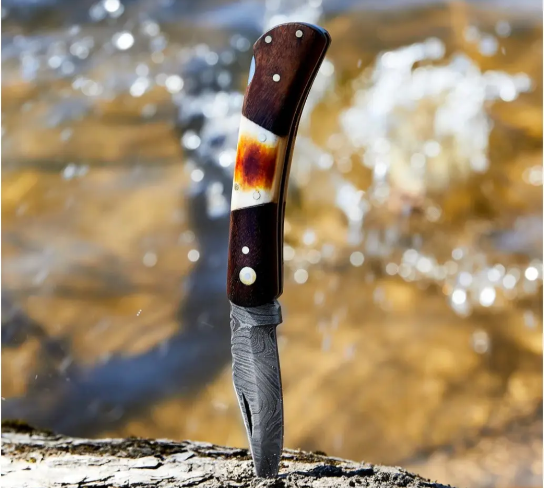 Double Bar S Walnut & Torched Bone Damascus Pocket Knife