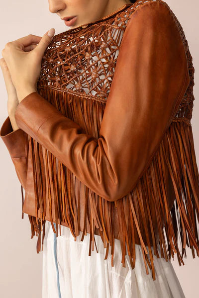 Women’s Maple Brown Leather Jacket | Bohemian Fringe Western Style