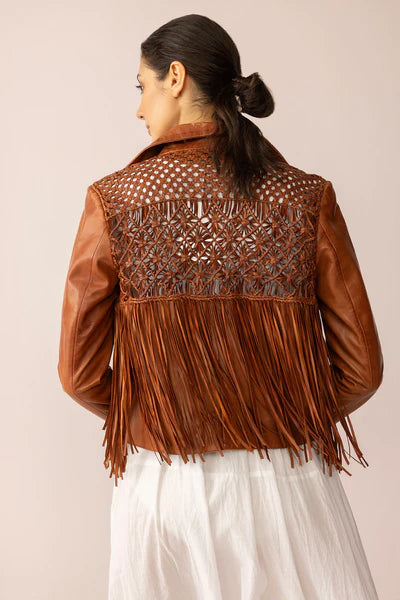 Women’s Maple Brown Leather Jacket | Bohemian Fringe Western Style