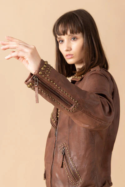 Vintage Brown Women’s Leather Jacket – Belted Biker Style with Studded Detailing