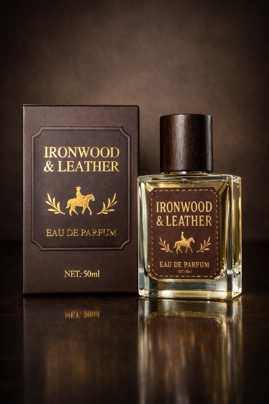 Ironwood & Leather Eau de Parfum bottle and packaging on a reflective surface with a dark background