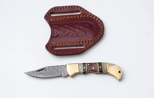 Double Bar S Brass & Bone Damascus Folding Knife | Western Gift