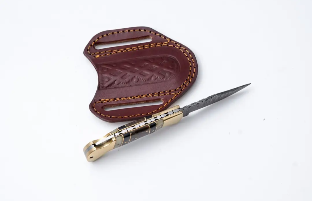 Double Bar S Brass & Bone Damascus Folding Knife | Western Gift