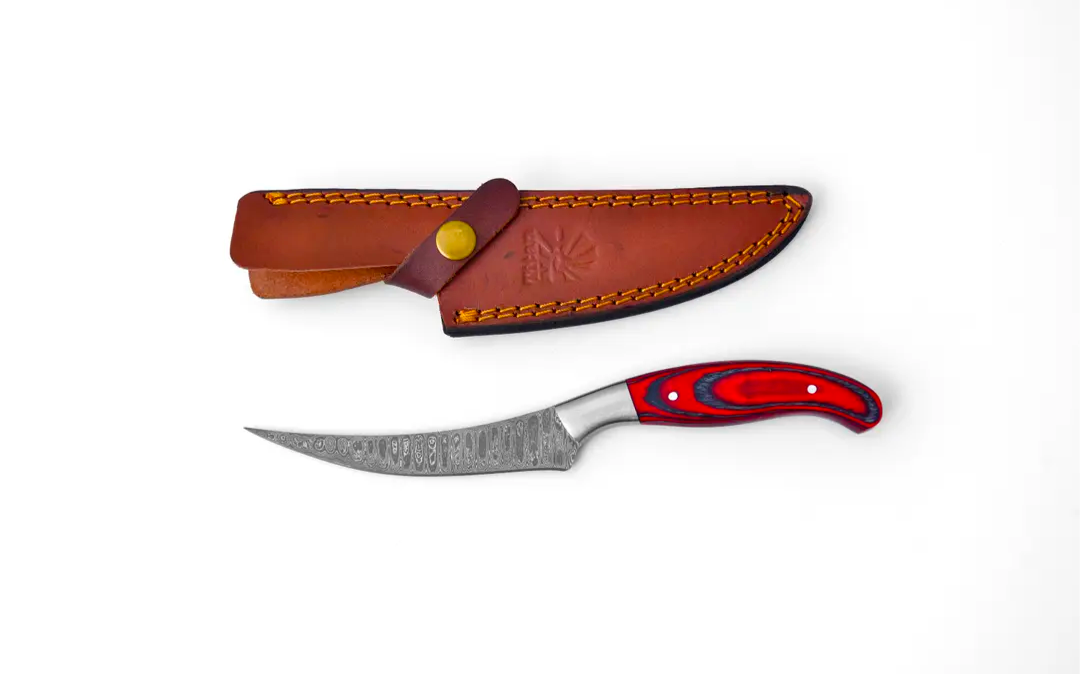 Double Bar S Damascus Fillet Knife | 4-Inch Red Diamond Wood Handle
