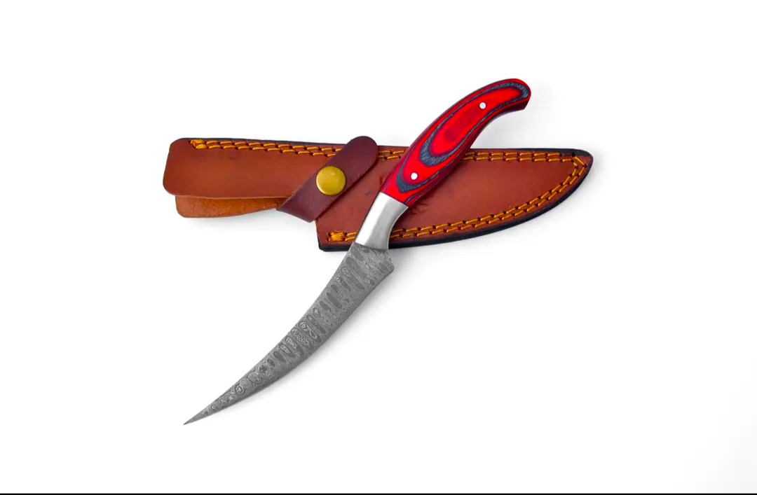 Double Bar S Damascus Fillet Knife | 4-Inch Red Diamond Wood Handle