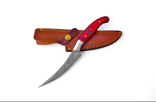 Double Bar S Damascus Fillet Knife | 4-Inch Red Diamond Wood Handle