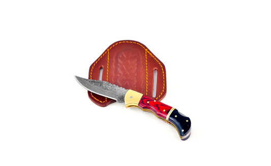 Double Bar S Damascus Steel Folding Knife | Leather Sheath