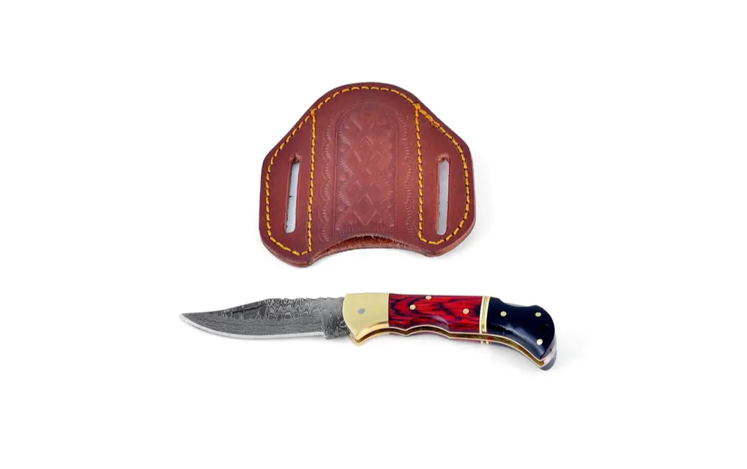 Double Bar S Damascus Steel Folding Knife | Leather Sheath