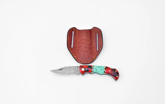 Double Bar S Damascus Steel Pocket Knife | Leather Sheath