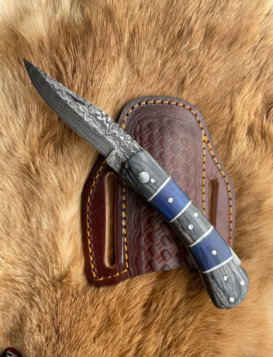 Double Bar S Damascus Pocket Knife | Grey & Blue Wood Handle