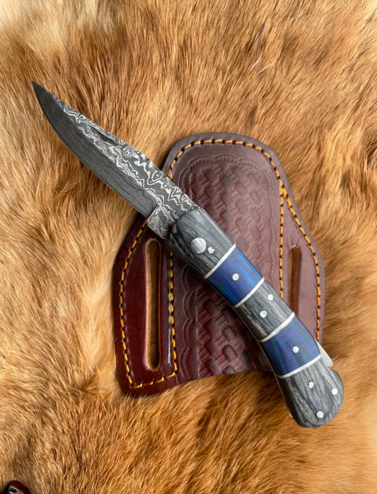 Double Bar S Damascus Pocket Knife | Grey & Blue Wood Handle