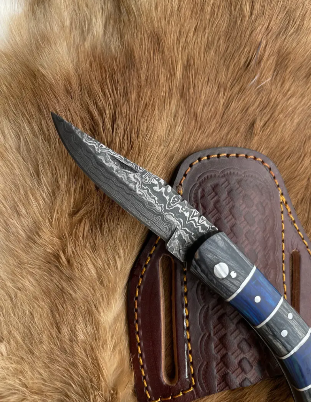 Double Bar S Damascus Pocket Knife | Grey & Blue Wood Handle