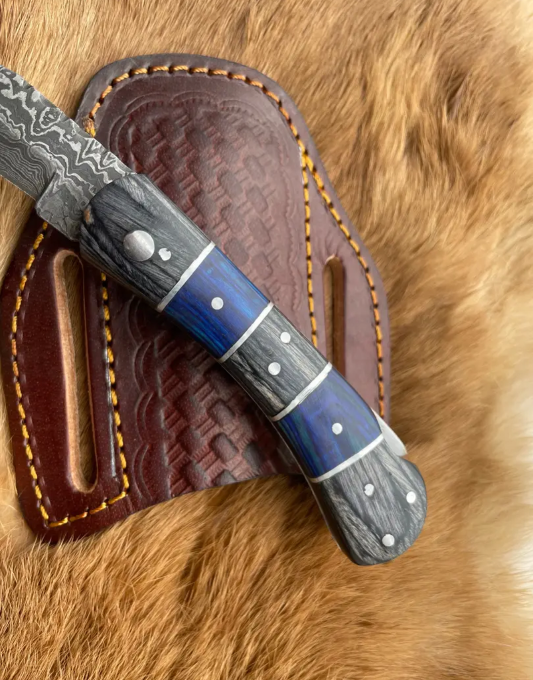 Double Bar S Damascus Pocket Knife | Grey & Blue Wood Handle