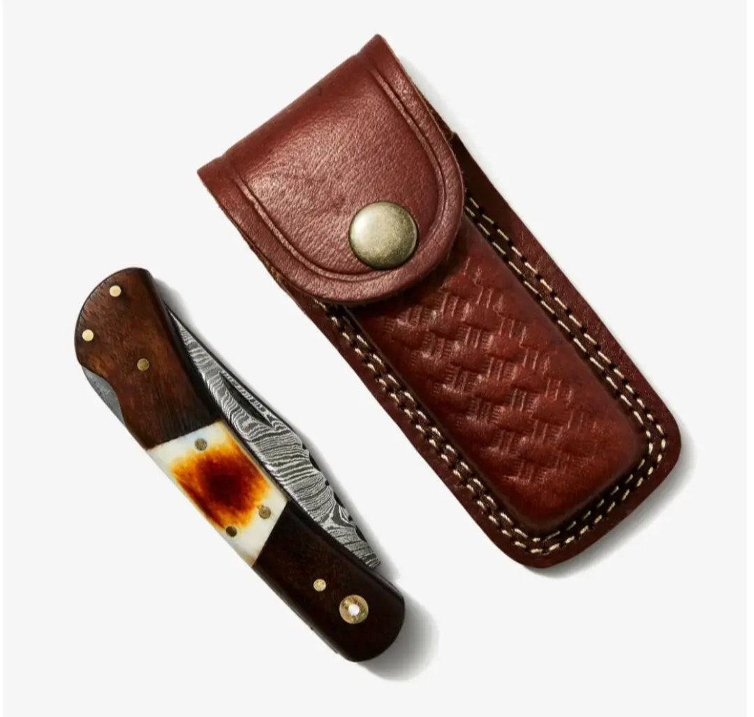 Double Bar S Walnut & Torched Bone Damascus Pocket Knife