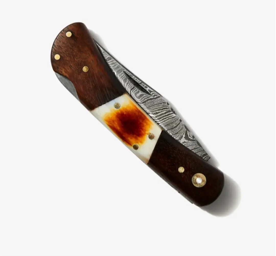 Double Bar S Walnut & Torched Bone Damascus Pocket Knife