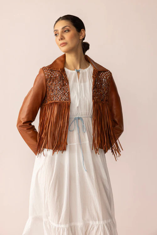 Women’s Maple Brown Leather Jacket | Bohemian Fringe Western Style