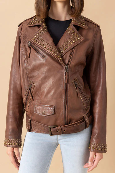 Vintage Brown Women’s Leather Jacket – Belted Biker Style with Studded Detailing