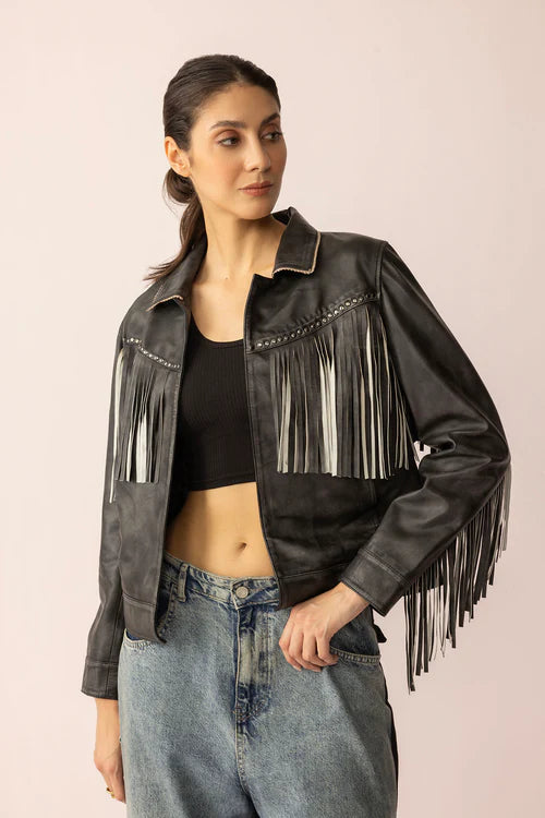 Midnight Maverick Women’s Leather Jacket – Shadow Black Fringe Western Style