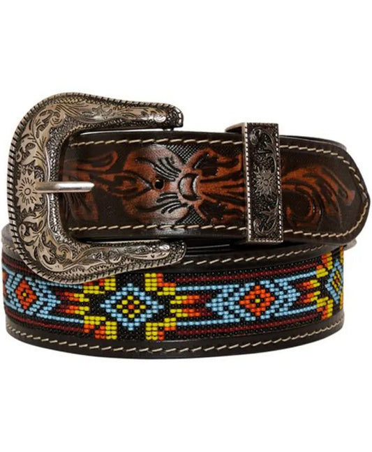 Myra Hand-Tooled Leather Beaded Belt | Women's Western Belt
