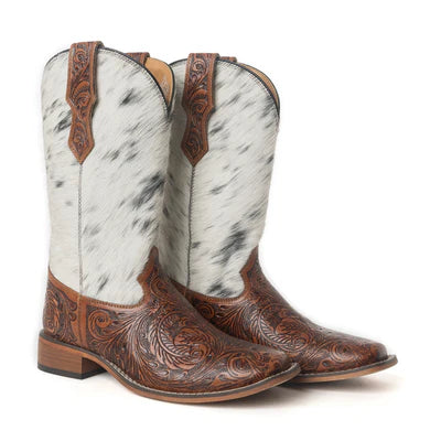 Savanna Handtooled Leather Hide Boots – Black & White by Myra